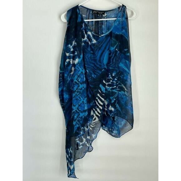 ABS Allen Schwartz Blue Print Sheer Wrap Blouse S - Picture 1 of 7